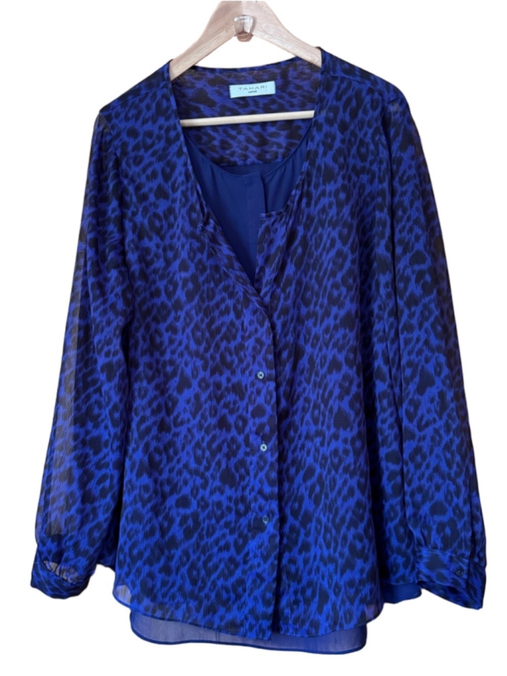 Tahari Woman Royal Blue Leopard-Print Button Close Layered Blouse size 1X
